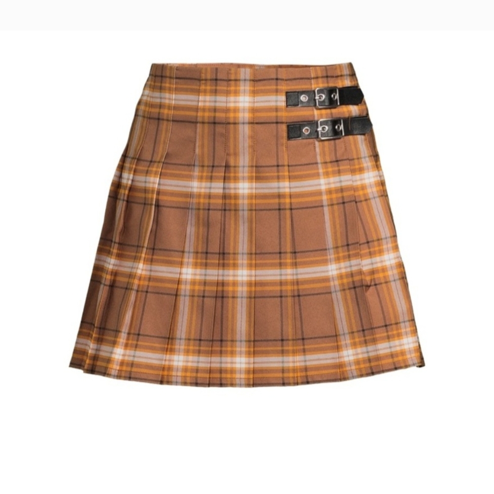 NOBO | Plaid Brown Pleated Skirt Faux Leather Buckle XXL Nwt! - Picture 2 of 5